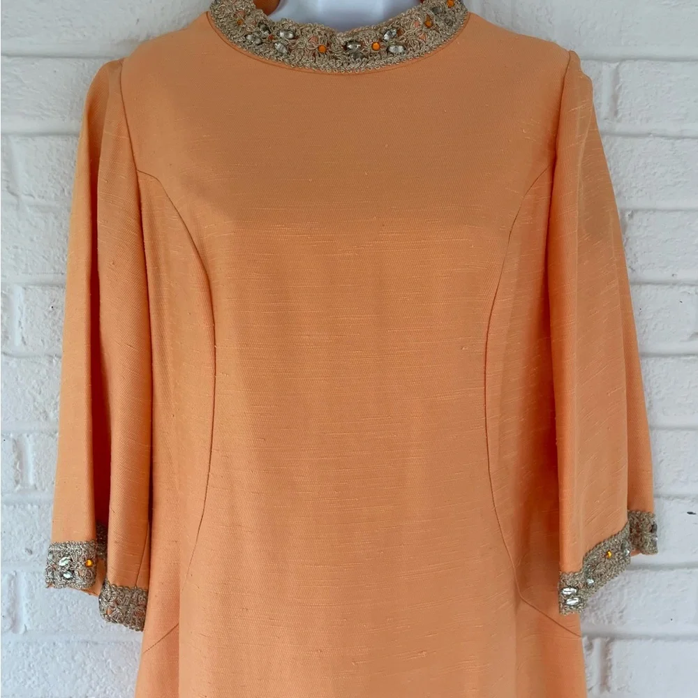 Bespoke Vintage Orange Shantung Silk Dress with Embellished Neckline - Picture 8 of 10